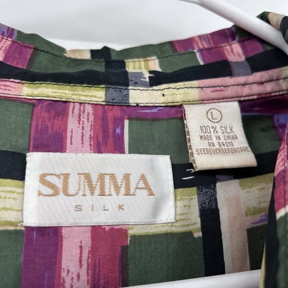 Vintage Summa Mens 100% Silk Button Down Shirt Size L Pink 90s Geometric Retro - Picture 4 of 6